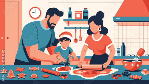 Family baking Christmas cookies and enjoying joyful holiday preparations. Perfect for festive traditions, cozy winter kitchens, and seasonal family activities