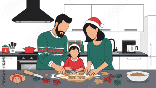 Family baking Christmas cookies and enjoying joyful holiday preparations. Perfect for festive traditions, cozy winter kitchens, and seasonal family activities