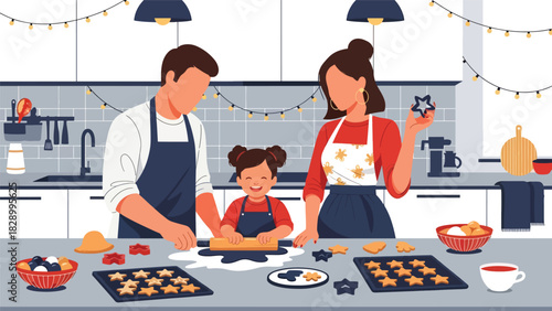 Family baking Christmas cookies and enjoying joyful holiday preparations. Perfect for festive traditions, cozy winter kitchens, and seasonal family activities