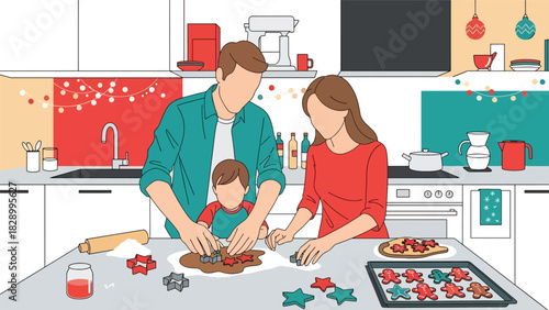 Family baking Christmas cookies and enjoying joyful holiday preparations. Perfect for festive traditions, cozy winter kitchens, and seasonal family activities