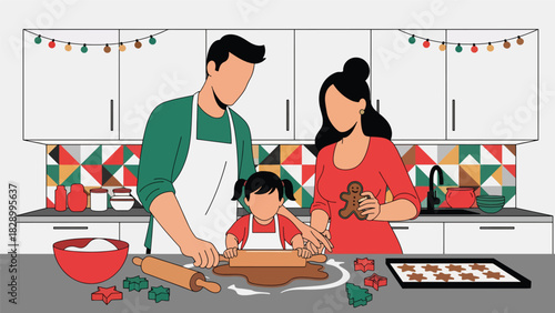 Family baking Christmas cookies and enjoying joyful holiday preparations. Perfect for festive traditions, cozy winter kitchens, and seasonal family activities