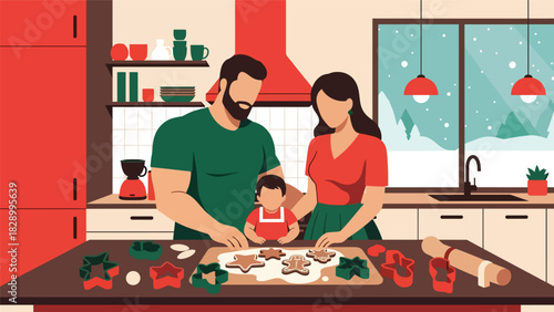 Family baking Christmas cookies and enjoying joyful holiday preparations. Perfect for festive traditions, cozy winter kitchens, and seasonal family activities