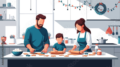 Family baking Christmas cookies and enjoying joyful holiday preparations. Perfect for festive traditions, cozy winter kitchens, and seasonal family activities