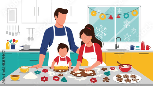 Family baking Christmas cookies and enjoying joyful holiday preparations. Perfect for festive traditions, cozy winter kitchens, and seasonal family activities