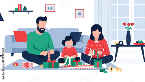 Family wrapping Christmas gifts together with ribbons and wrapping paper. Ideal for festive winter memories and meaningful holiday traditions