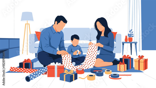 Family wrapping Christmas gifts together with ribbons and wrapping paper. Ideal for festive winter memories and meaningful holiday traditions