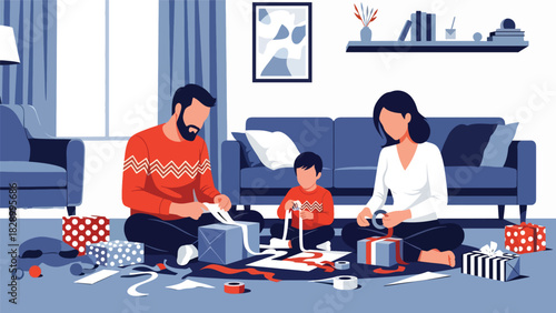 Family wrapping Christmas gifts together with ribbons and wrapping paper. Ideal for festive winter memories and meaningful holiday traditions