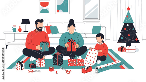 Family wrapping Christmas gifts together with ribbons and wrapping paper. Ideal for festive winter memories and meaningful holiday traditions