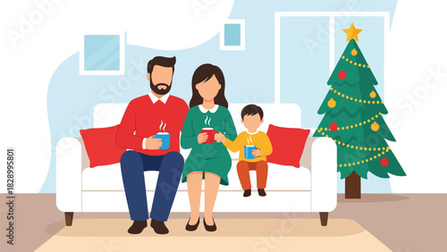 Family enjoying hot cocoa together during Christmas season. Perfect for cozy winter moments, warm holiday memories, and festive family traditions