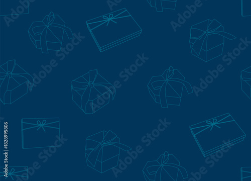 Seamless pattern with linear 3d gift boxes illustrations, blue backdrop with light thin line, festive wrapping. square, heart, flat boxes shape