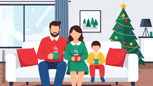 Family enjoying hot cocoa together during Christmas season. Perfect for cozy winter moments, warm holiday memories, and festive family traditions