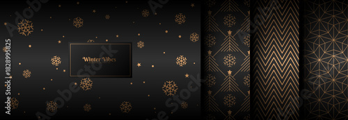 Seamless black vector Christmas winter gold pattern set. Luxury snowfall, linear Christmas tree, zig zag, linear star wrapping paper, endless web page fill collection. Falling snow New Year texture