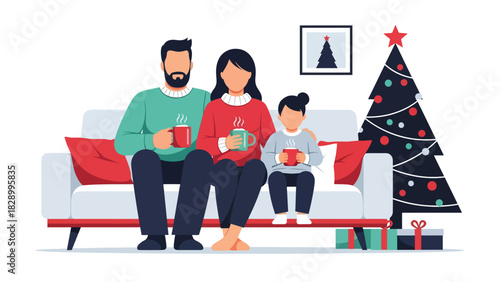 Family enjoying hot cocoa together during Christmas season. Perfect for cozy winter moments, warm holiday memories, and festive family traditions