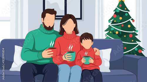 Family enjoying hot cocoa together during Christmas season. Perfect for cozy winter moments, warm holiday memories, and festive family traditions