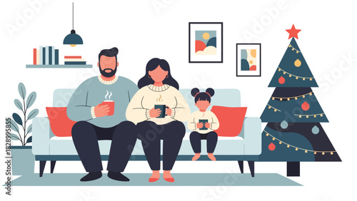 Family enjoying hot cocoa together during Christmas season. Perfect for cozy winter moments, warm holiday memories, and festive family traditions