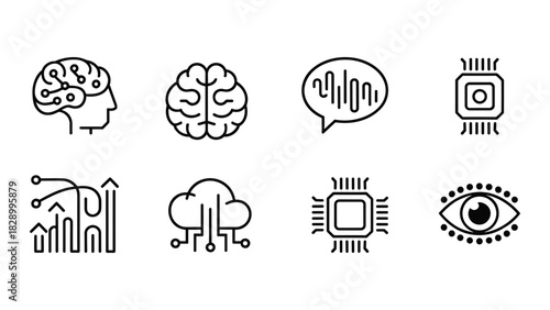 Set of eight black outline icons representing technology and artificial intelligence concepts.