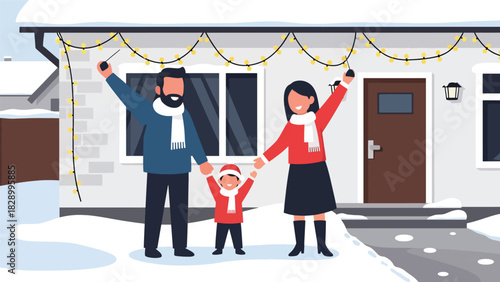 Family hanging Christmas lights outside their home during winter. Ideal for festive decorating, holiday tradition scenes, and cheerful family activities
