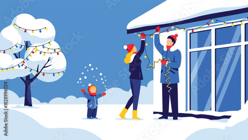 Family hanging Christmas lights outside their home during winter. Ideal for festive decorating, holiday tradition scenes, and cheerful family activities