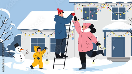 Family hanging Christmas lights outside their home during winter. Ideal for festive decorating, holiday tradition scenes, and cheerful family activities