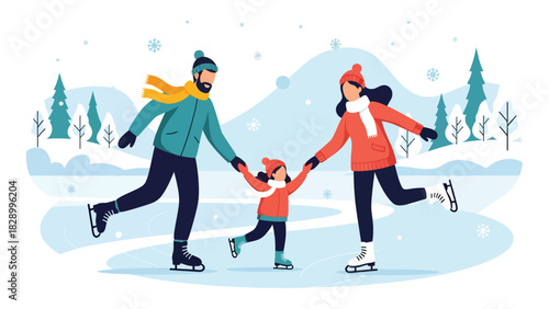 Family ice skating together during Christmas season. Ideal for winter sports, joyful festive memories, and fun family holiday activities