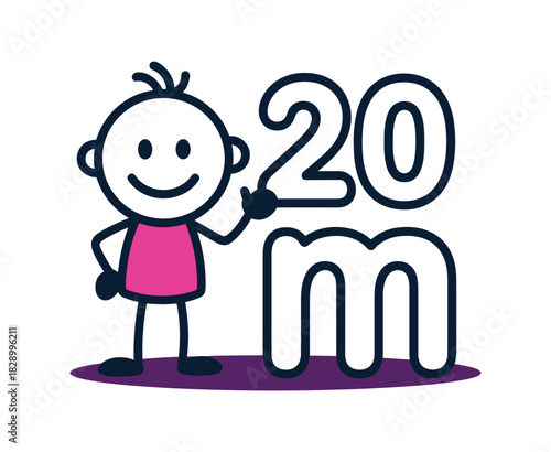 Stick figure character pointing at large number twenty million on purple oval person.