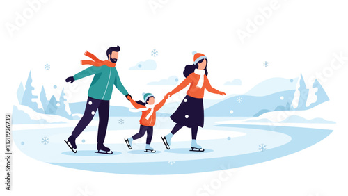 Family ice skating together during Christmas season. Ideal for winter sports, joyful festive memories, and fun family holiday activities