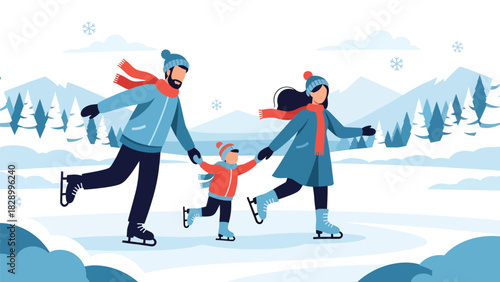 Family ice skating together during Christmas season. Ideal for winter sports, joyful festive memories, and fun family holiday activities