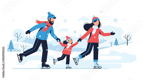 Family ice skating together during Christmas season. Ideal for winter sports, joyful festive memories, and fun family holiday activities