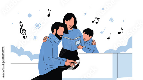 Family singing Christmas carols together during holiday celebrations. Perfect for joyful winter traditions, festive music, and family community spirit