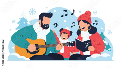 Family singing Christmas carols together during holiday celebrations. Perfect for joyful winter traditions, festive music, and family community spirit