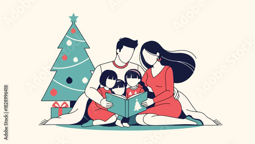 Family reading a Christmas storybook together near the tree. Ideal for warm winter evenings, childhood memories, and festive storytelling moments