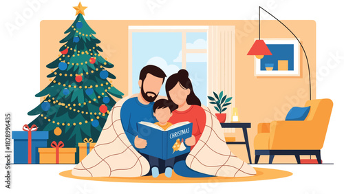 Family reading a Christmas storybook together near the tree. Ideal for warm winter evenings, childhood memories, and festive storytelling moments