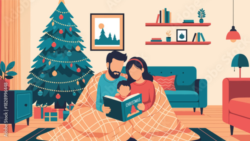 Family reading a Christmas storybook together near the tree. Ideal for warm winter evenings, childhood memories, and festive storytelling moments