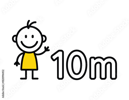 Stick figure waving next to large number ten with letter m person child.