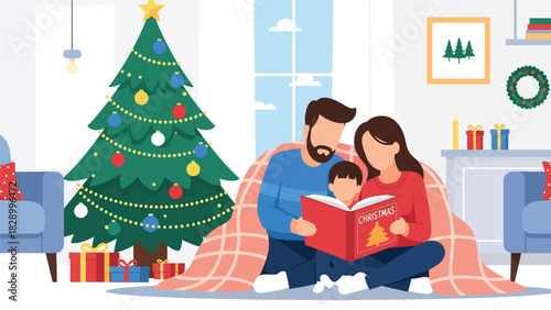 Family reading a Christmas storybook together near the tree. Ideal for warm winter evenings, childhood memories, and festive storytelling moments