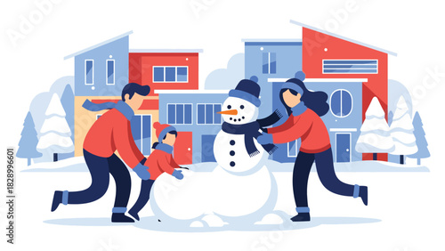 Family building a snowman together outside during the Christmas season. Perfect for playful winter fun, joyful holiday moments, and family bonding activities