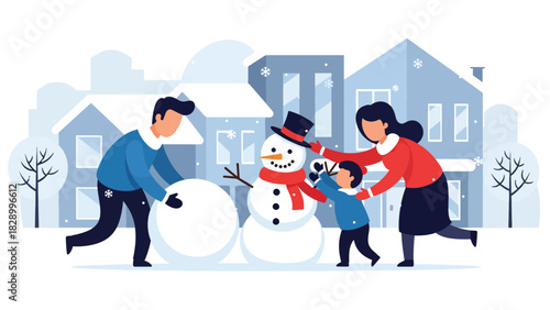 Family building a snowman together outside during the Christmas season. Perfect for playful winter fun, joyful holiday moments, and family bonding activities