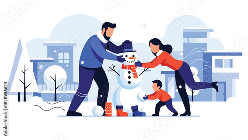Family building a snowman together outside during the Christmas season. Perfect for playful winter fun, joyful holiday moments, and family bonding activities