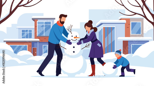 Family building a snowman together outside during the Christmas season. Perfect for playful winter fun, joyful holiday moments, and family bonding activities
