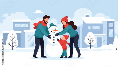 Family building a snowman together outside during the Christmas season. Perfect for playful winter fun, joyful holiday moments, and family bonding activities