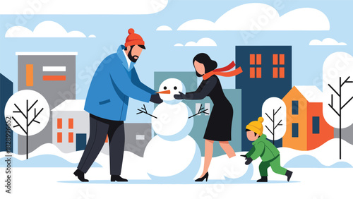 Family building a snowman together outside during the Christmas season. Perfect for playful winter fun, joyful holiday moments, and family bonding activities