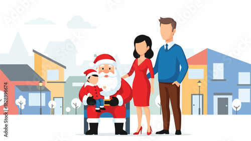 Family visiting Santa Claus and celebrating the holiday spirit. Ideal for festive excitement, Christmas traditions, and joyful winter childhood moments