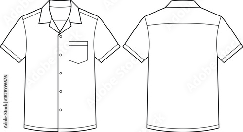 Short-sleeve button-up shirt vector template with collar, chest pocket, clean back yoke, and detailed front and back technical fashion illustration