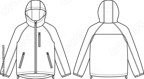 Technical softshell jacket vector template with hood, detailed front and back views, zipper pockets, adjustable hem, and outdoor apparel design illustration