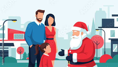 Family visiting Santa Claus and celebrating the holiday spirit. Ideal for festive excitement, Christmas traditions, and joyful winter childhood moments