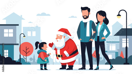 Family visiting Santa Claus and celebrating the holiday spirit. Ideal for festive excitement, Christmas traditions, and joyful winter childhood moments