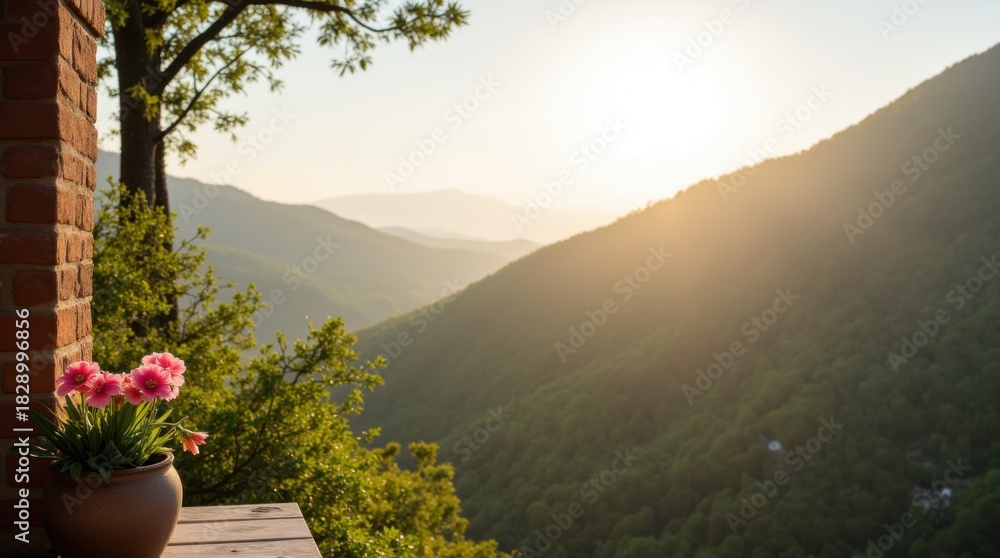 Naklejka premium Stunning Landscape View from Balcony with Flower Pot and Sunlight
