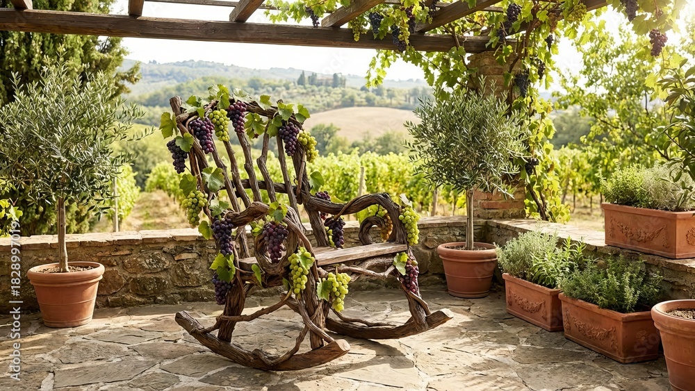 Fototapeta premium Woven rocking chair on a stone patio with grapes and a wine glass, blanket draped over arm, overlooking a sunlit tuscan vineyard and farmhouse at golden hour