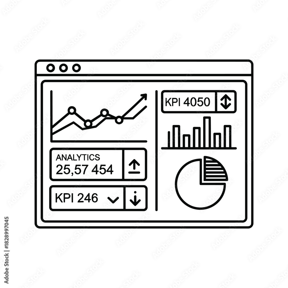 Naklejka premium Outline icon of a business dashboard showing analytics chart and key performance indicator data