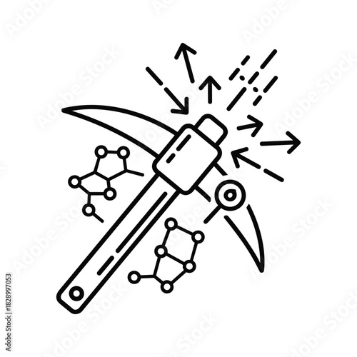 Line icon representing chemical data mining with a pickaxe and molecular structure isolated on